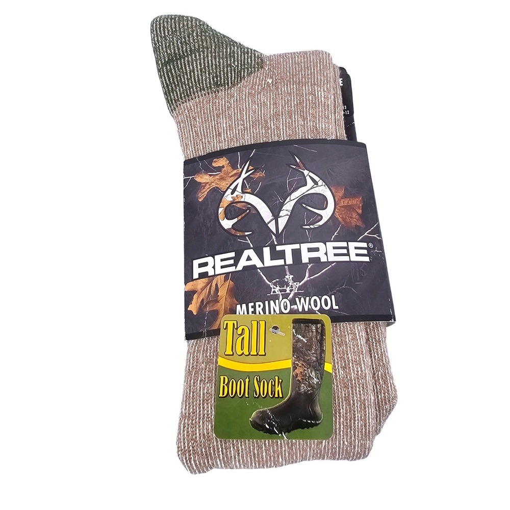 Realtree Mens Merino Wool Tall Boot Socks Tan Olive Large 10-13 9806 NWT